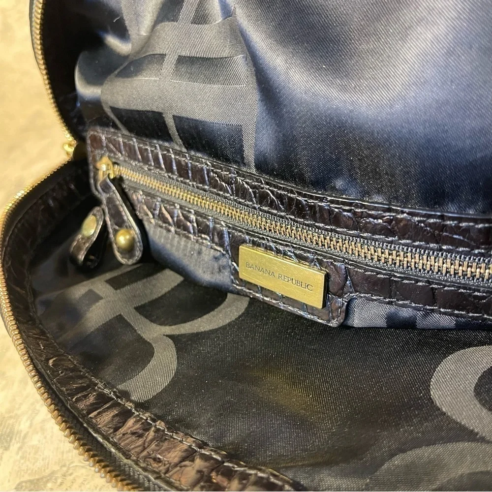 Banana Republic Black Croc Embossed Leather Satchel Work Tote Gold Hardware